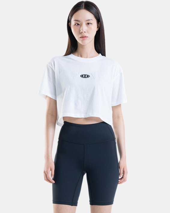 女士UA Branded Logo Crop短袖T恤 in White image number 0